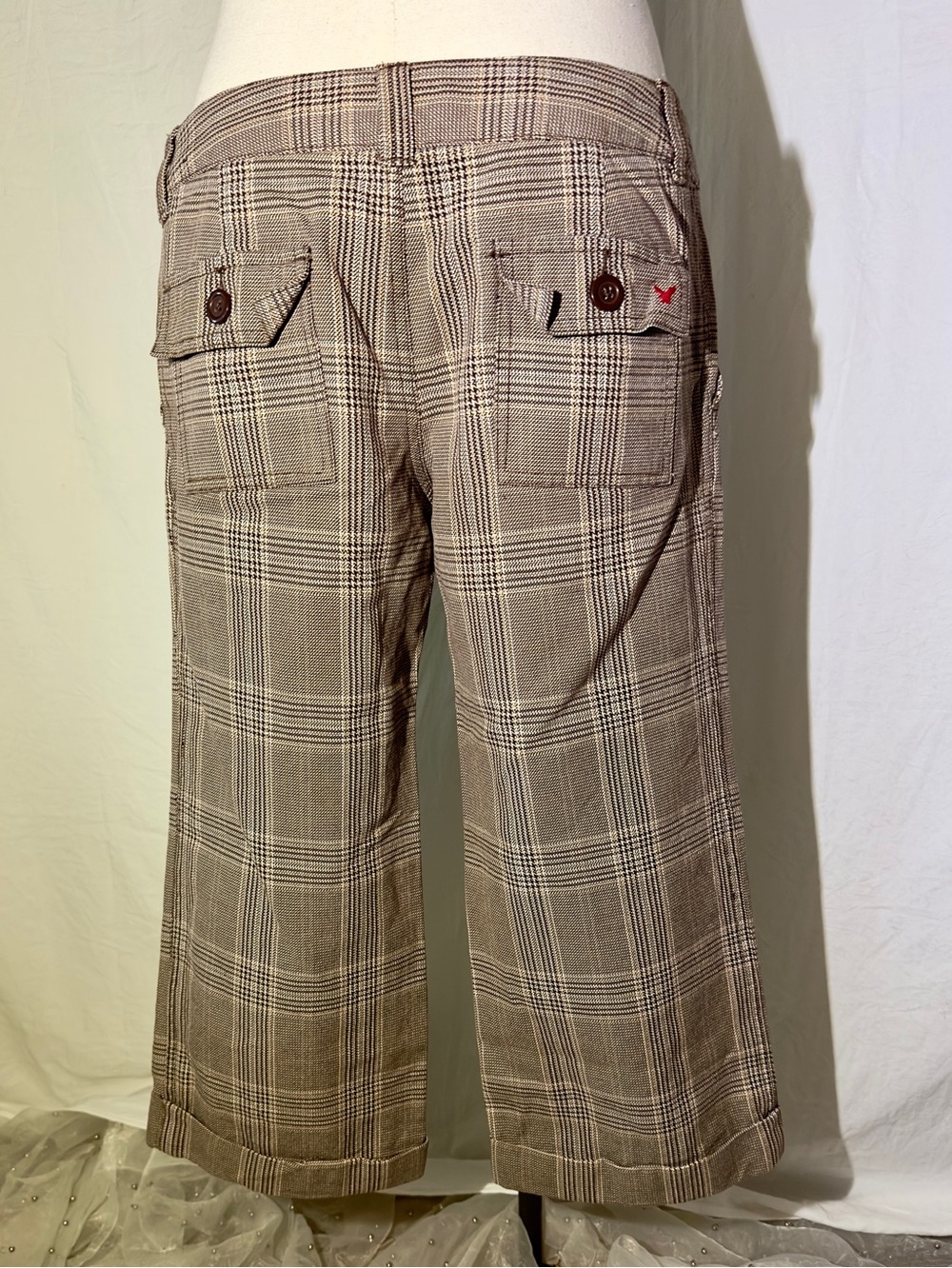American Eagle Plaid Cropped Capri Pants Brown Ivory Cotton Y2K Preppy Size 4